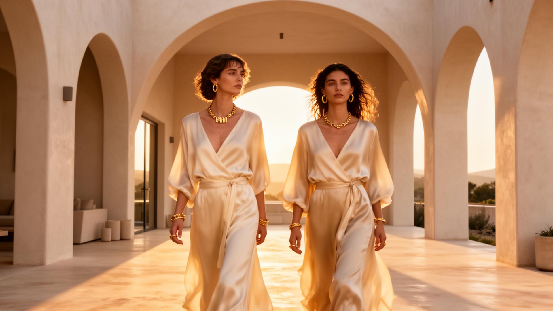 Two models in cream silk garments at sunset