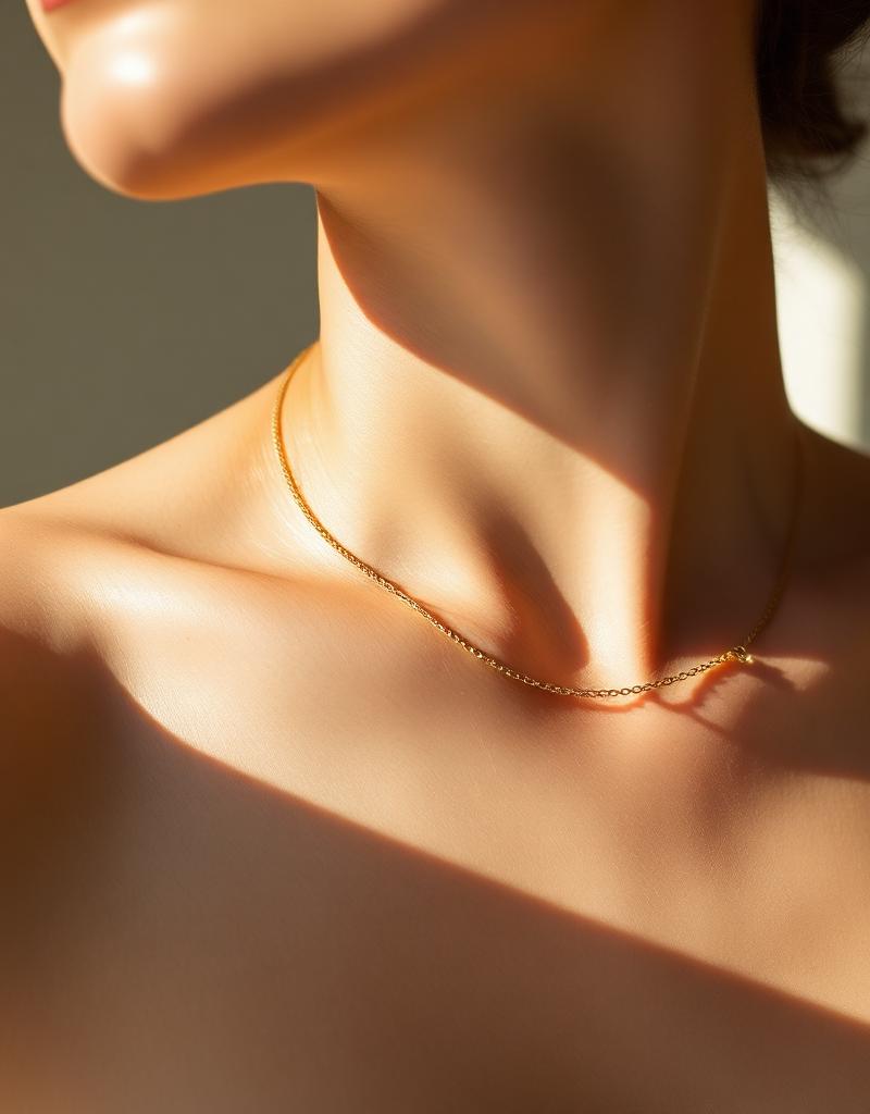 Detail of model wearing fine gold chain