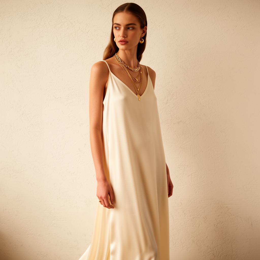 Model in cream silk dress wearing layered gold necklaces